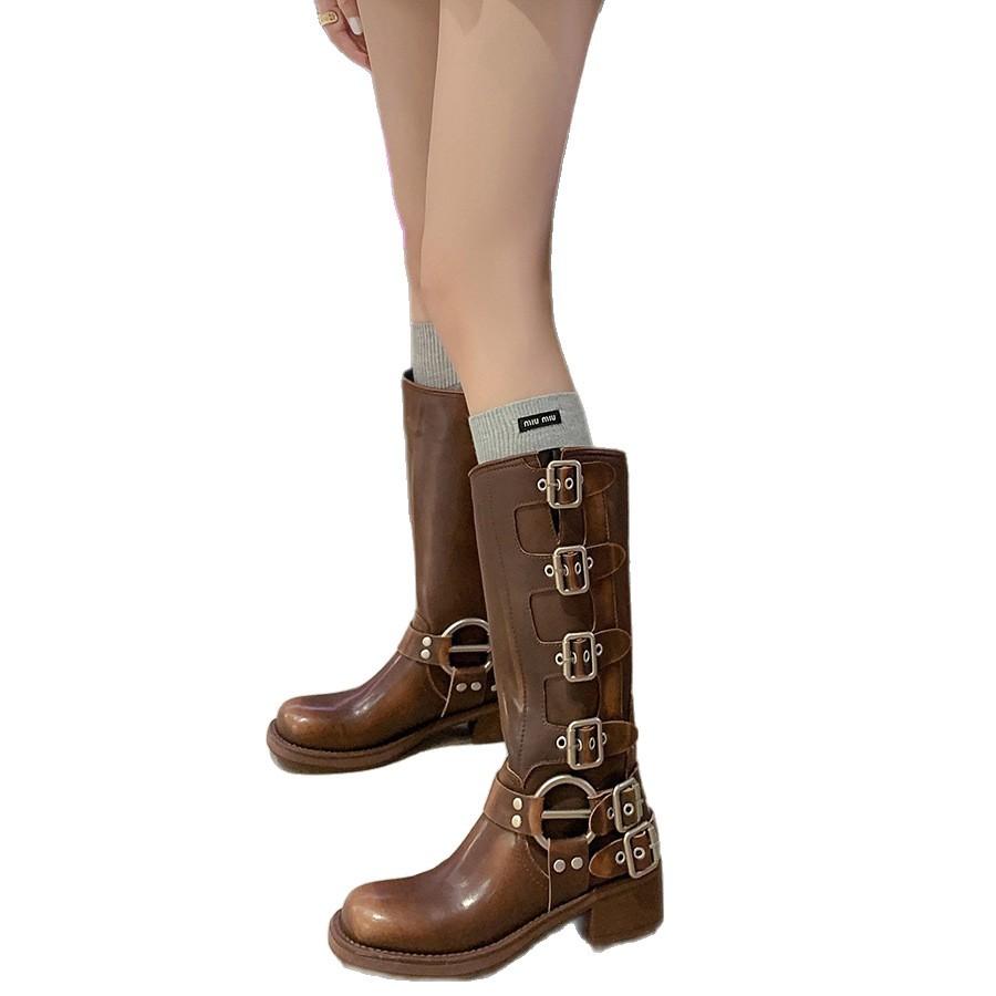 Short boots women's retro western cowboy boots autumn and winter boots thick leather martin boots sleeve knight boots.