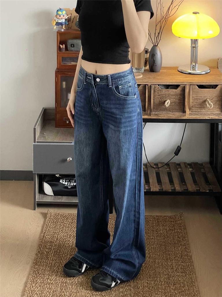 American Retro Blue Embroidered Wide-Leg Floor-Length Jeans for Tall Women