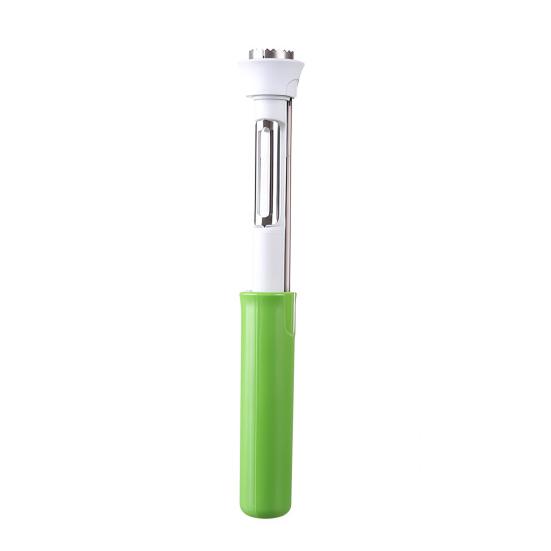 Pelador Descorazonador de Frutas 2 en 1 con Doble Hoja Dentada Descorazonador de Verduras de Acero Inoxidable Mango Ergonómico Herramienta de Cocina