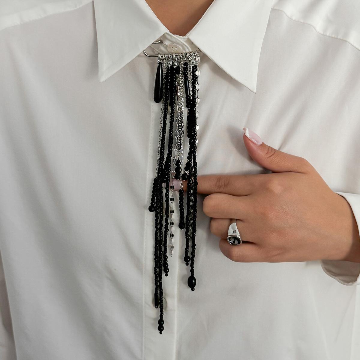 2026 Exaggerated Long Tassel Chain Black Crystal Women s Brooch Handmade Bead Multi-Layer Chain Fixed Needle Clothing Decoration