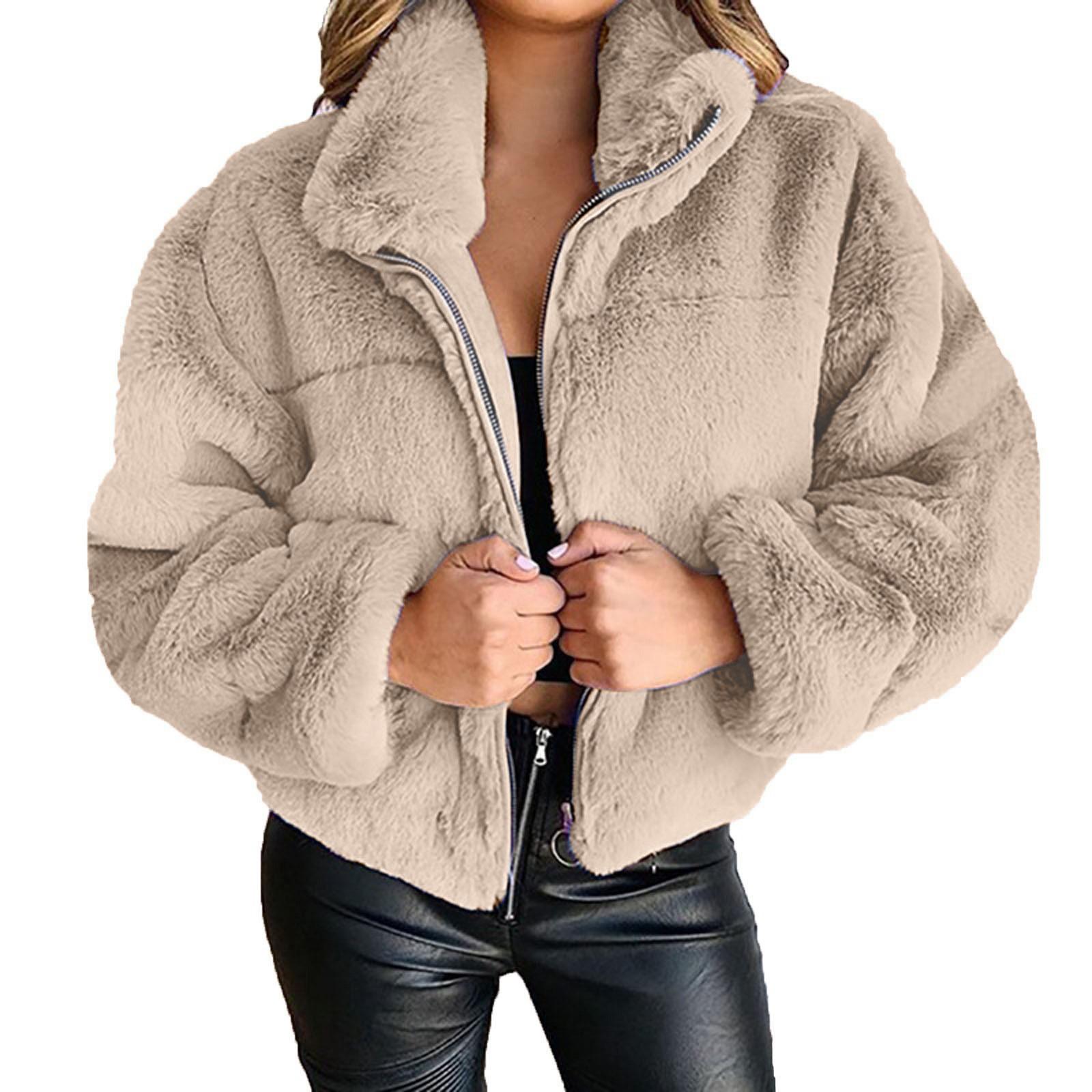 

Women s Fashion Winter Solid Color Zipper Cardigan Plush Warm Short Jacket Coat XL хакі