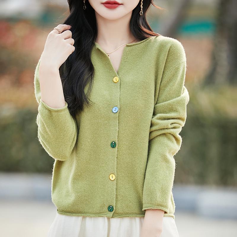 Women's V-Neck Wool Cardigan Sweater - Spring New Arrival, Loose Fit, Solid Color, Versatile Knit Outerwear.