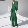 INCERUN Two Pieces Men Long Sleeve Lace-up Thin Blazer Long Straight Pants Loose Sets