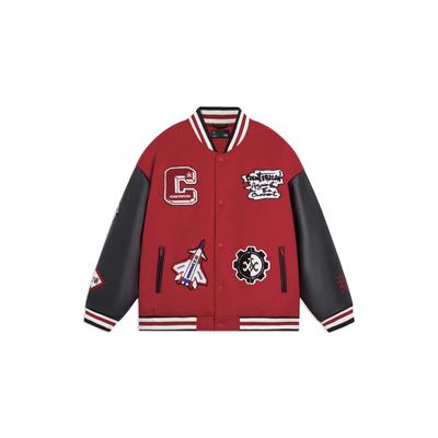 Li-Ning Giacca in Cotone con Stampa Cartone Animato, Monopetto, Patchwork, Manica Lunga, Unisex, Rosso Cremisi AJMS149-2