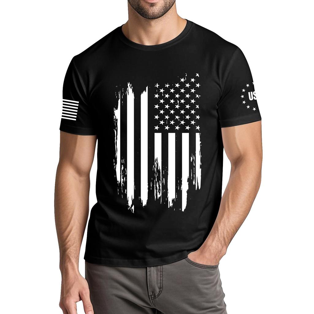 Menns moteriktige avslappede Independence Day trykte t-skjorte med rund hals og korte ermer