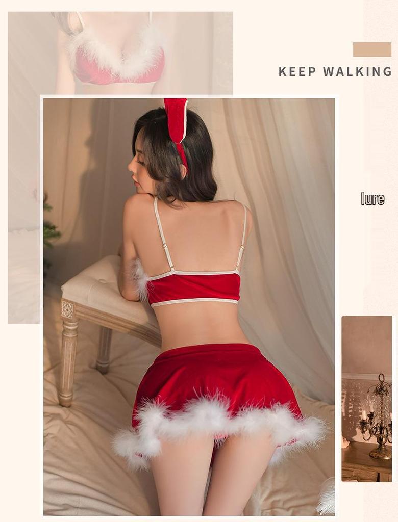 Sexy Christmas Bunny Girl Lingerie Set: Passionate Three-Piece with Fluffy Bra and Short Skirt