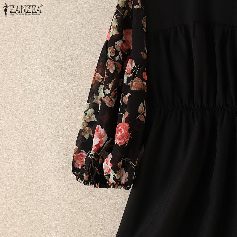 ZANZEA Women Casual Round Neck Loose Floral Print Splice 3/4 Sleeve Blouse