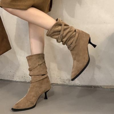 Fashion Pleated Thin Folio Single Boots Autumn New Pointed Toe Sleeve Metal Buckle Anti-Slip Wear-Resistant Short Cylinder Stack Boots