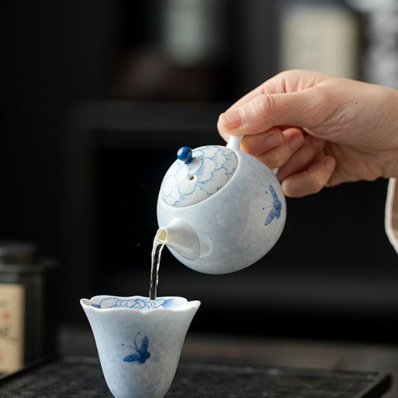 Underglaze Hand Painted Ceramic Teapot Blue Butterfly Design Ball Filter Small Kungfu Tea Set Home Office Use Chinese Style