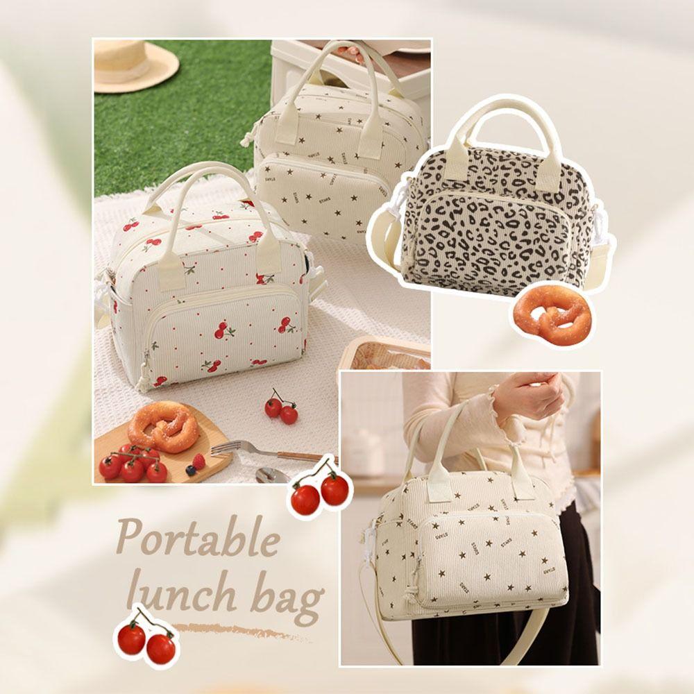 Strawberry Pattern Picnic Bag Portable Food Thermal Handbag Reusable Corduroy Lunch Bag  Hiking