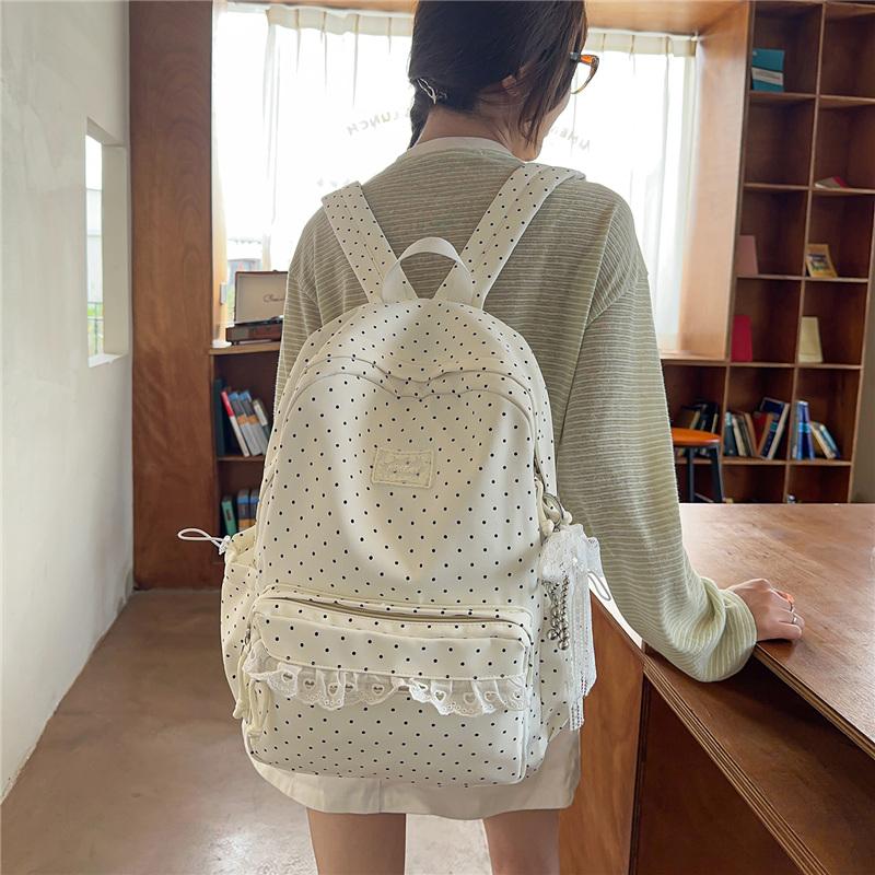 Cute Polka Dot Backpack with Lace Trim, Stylish School Bag for Women and Teens, Lightweight and Spacious Design
