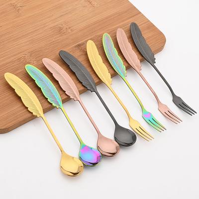 2Pcs Coffee Spoon Dessert Fork Creative Feather 304 Stainless Steel Fork Cake Fruit Salad Cutlery Decoration Tableware Gift Kitchen