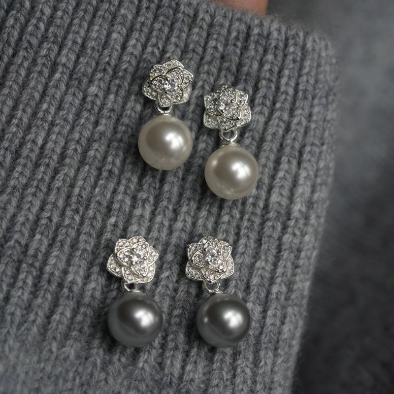 S925 Silver Needle White Copper Camellia Pearl Earrings