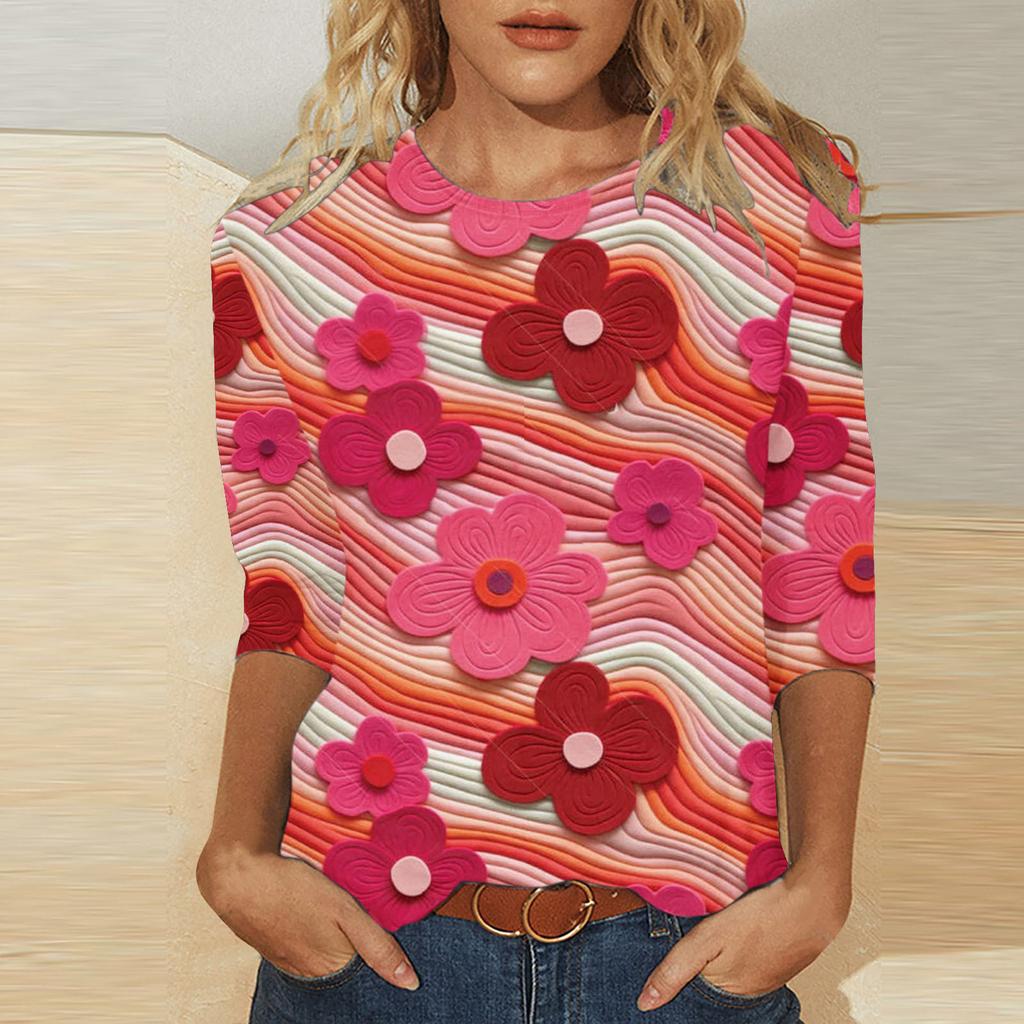 Rundhals 3D-bedrucktes romantisches Blumenmuster Top Modische lässige langärmlige Damen-T-Shirts