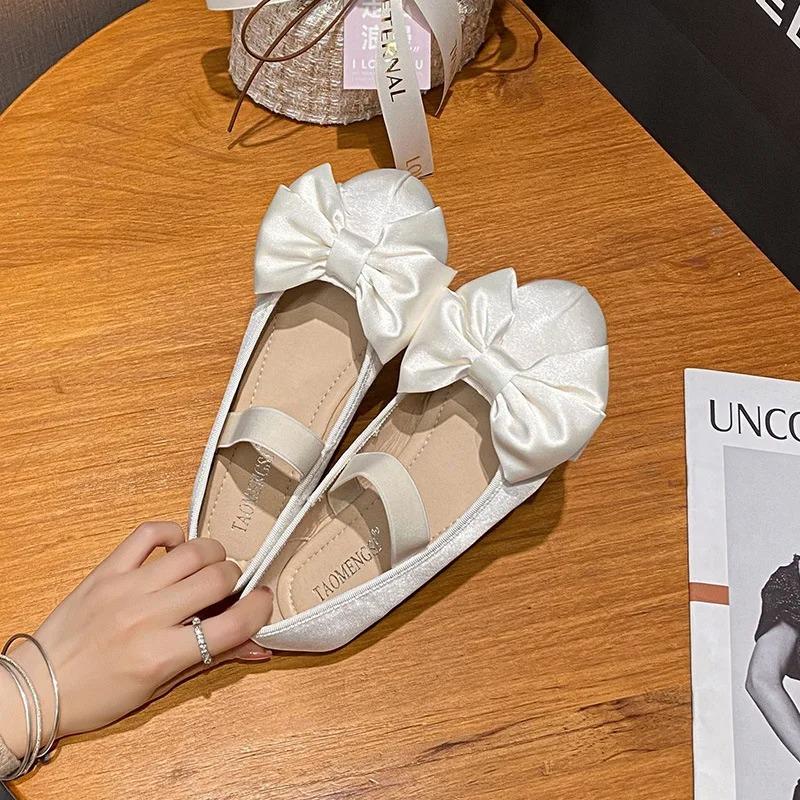 Fashion Elegant Woman Shoes with Low Heels Mary Janes Bow Tie Satin Ballet Flats Pumps Round Toe  Ladies Shoes