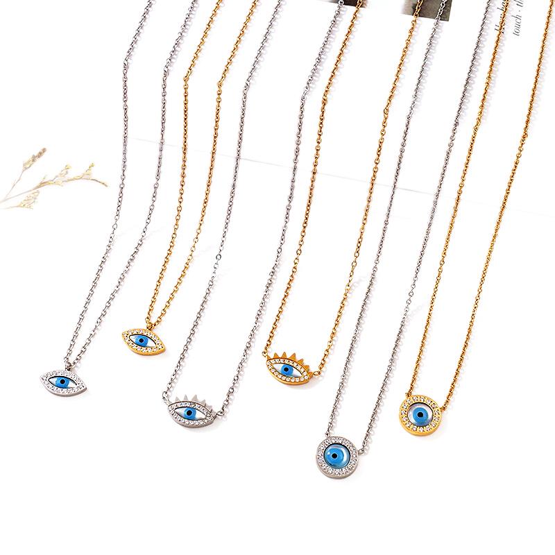 Elegant European Blue Gold-Plated Titanium Steel Eye Pendant Necklace for Women - Versatile Clavicle Chain Jewelry
