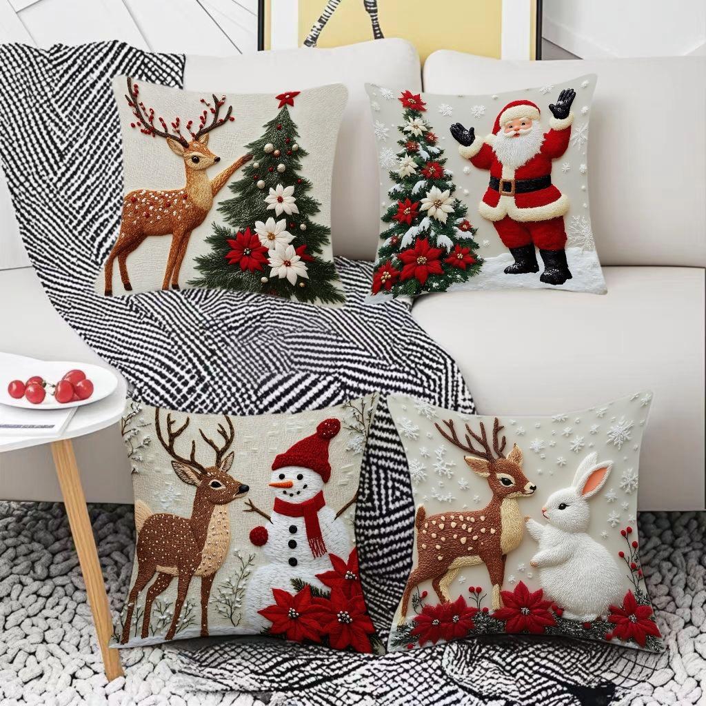 Christmas Embroidered Pillow Covers Set of 4 Santa Deer Snowman Cushion Cases Winter Holiday Sofa Decor (No Insert)