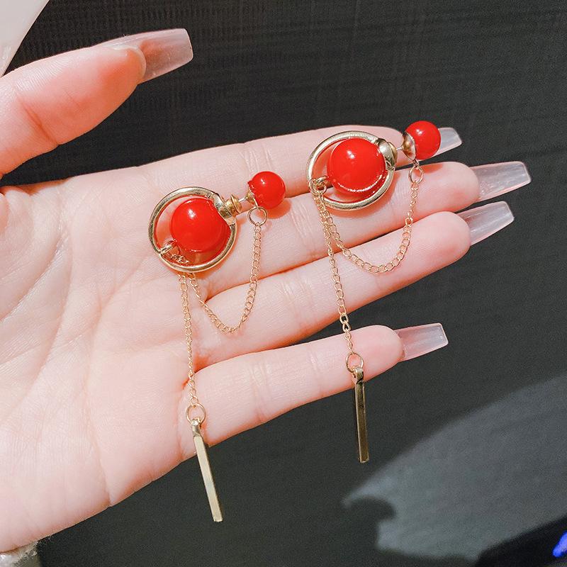Korean Chic S925 Silver Pearl Tassel Dangle Earrings - Long, Versatile, Stylish Jewelry for Women красный