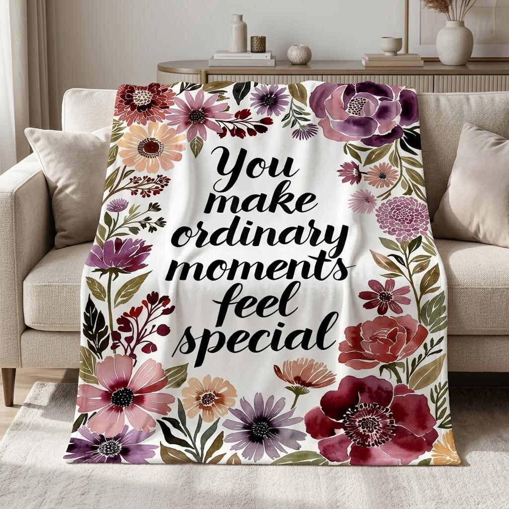 Burgundy & Purple Watercolor Floral Flannel Throw Blanket, You Make Ordinary Moments Feel Special Inspirational Gift Blanket Size: 75*100cm, Weight: 230 GSM