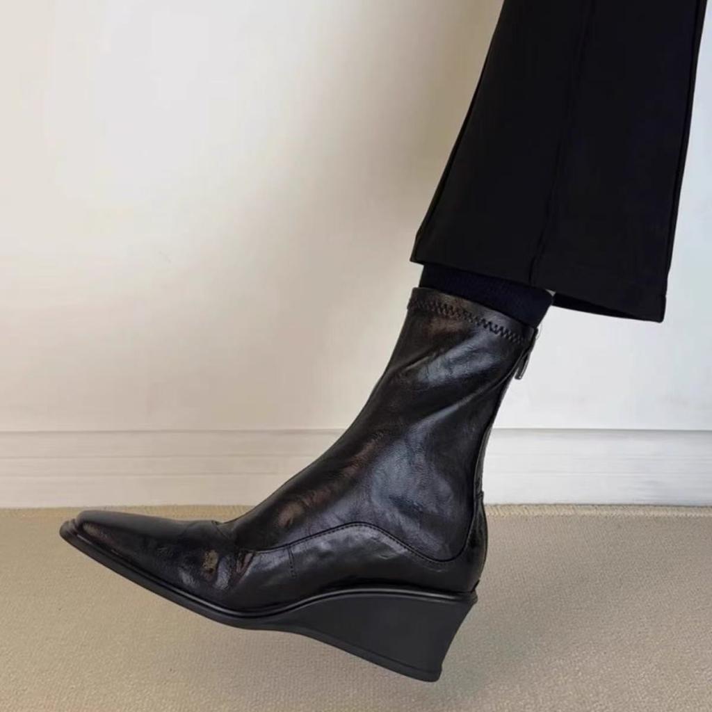 Wedge heel thick sole heightened elastic thin boots women's head rear zipper retro versatile short boots British Martin boots