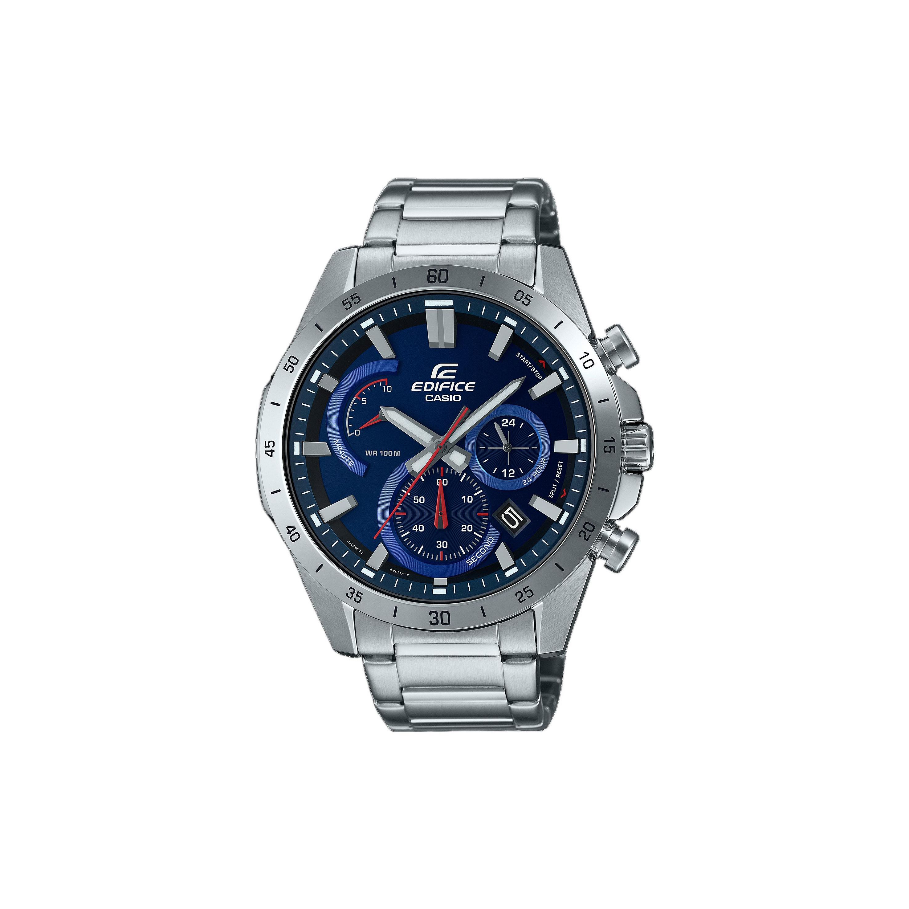 

Casio Edifice Standard Time Waterproof Sports Watch Quartz Movement Stainless Steel Band Men watches Blue EFR-573D-2AV Silver Strap