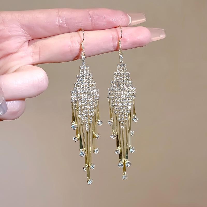 Temperament Long Full Diamond Fringed Earrings Women'S Fashion Exaggerated High-End Super Flash Earrings