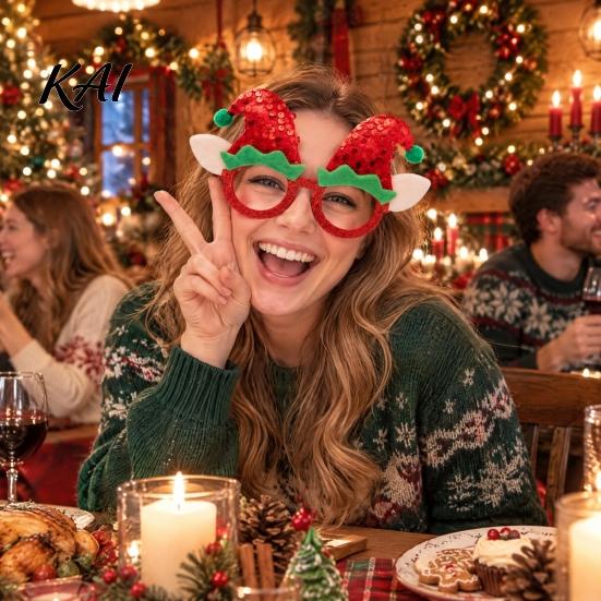 Decorative Elf Hat Eyewear Christmas Glasses with Sequin & Ears, Funny Party Reusable Photo Booth Prop for Kids Adults, Festive Holiday Costume