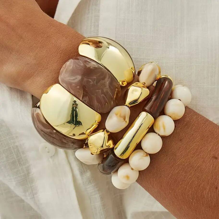 Salircon 4 Styles New Vintage Beige Coffee Resin Beaded Chain Bangle Bracelets Spliced Acrylic Bracelet for Women Ethnic Jewelry
