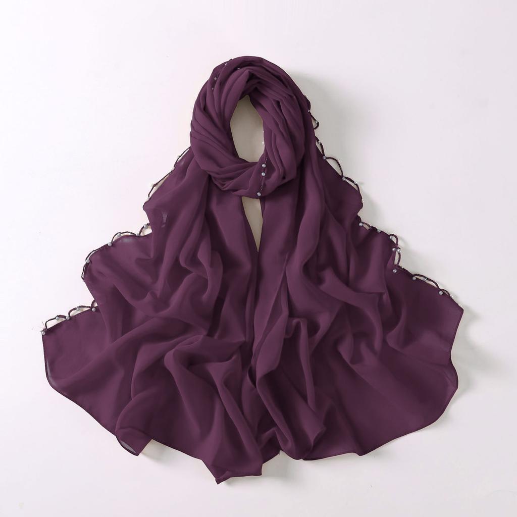 Pearl Edge Chiffon Hijab Scarf Women Muslim Long Shawl Soft Plain Head Wrap Beaded Border Lightweight Islamic Turban