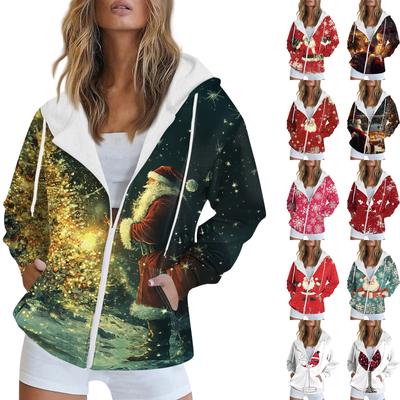 Dames Kerst Bedrukt Sweatshirt Herfst Winter Lange Mouw Cardigan Jas Met Zakken Rits Hoodie Buitenkleding