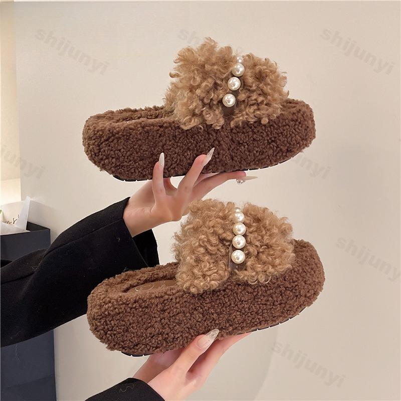 Women Platform Plush Shoes Winter Fashion Height Increase Luxury Cotton Slippers Warm Comfort Non Slip Indoor One Word Slippers