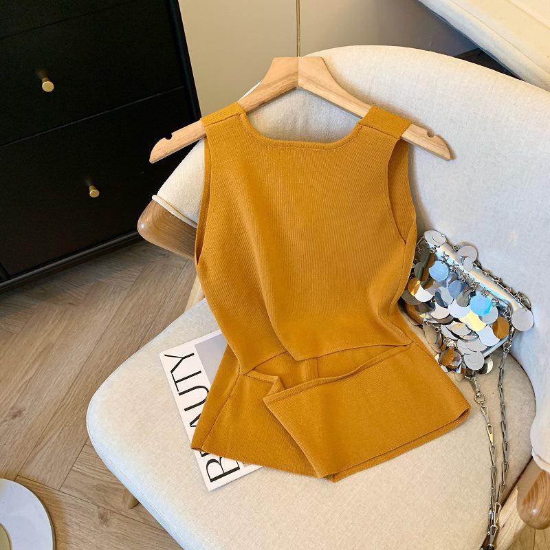 French Retro Solid Color V-Neck Sleeveless All-Match Casual Short Knitted Vest For Women