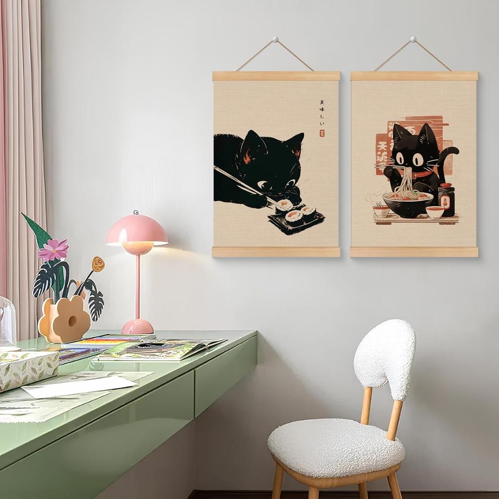 ROXMART Vintage Japanese Sushi Black Cat Poster Hanger Frame, Retro Edo Period Ramen Sushi Cat Wall Art Prints Decor for Kitchen Restaurant Home