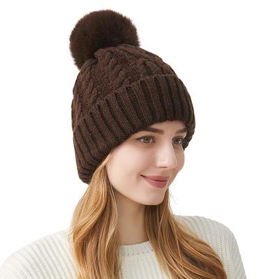 Knitted Hat High Elastic Thick Big Head Ear Protection Hair Ball Wool Hat Women's Outdoor Warm Hat