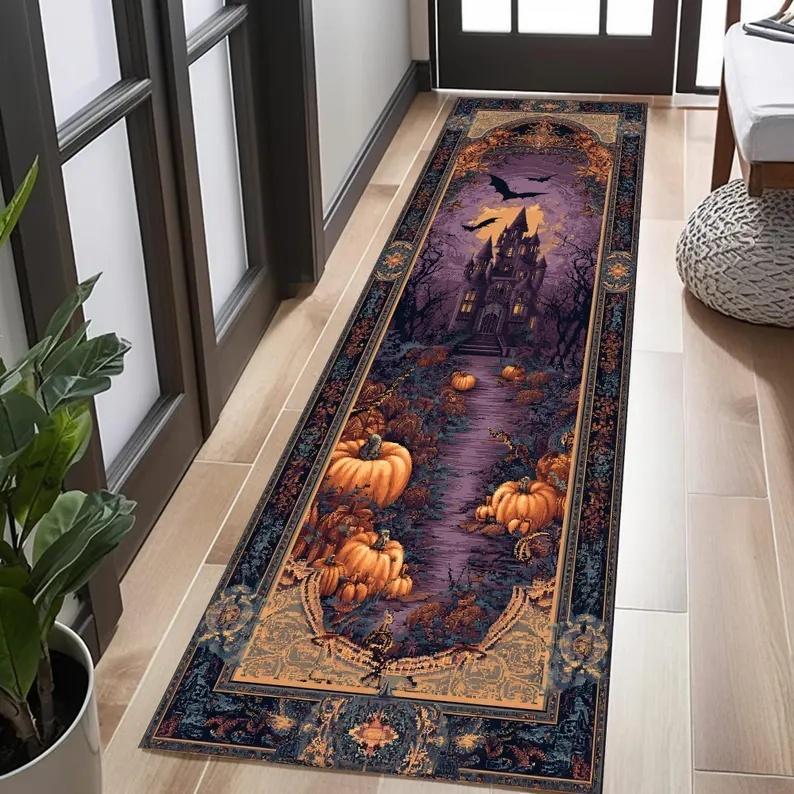 Halloween Runner Rug Abstract Pumpkin Skull Carpet Kitchen Anti-Slip Spider Web Printed Rugs For Living Room Home Decor
