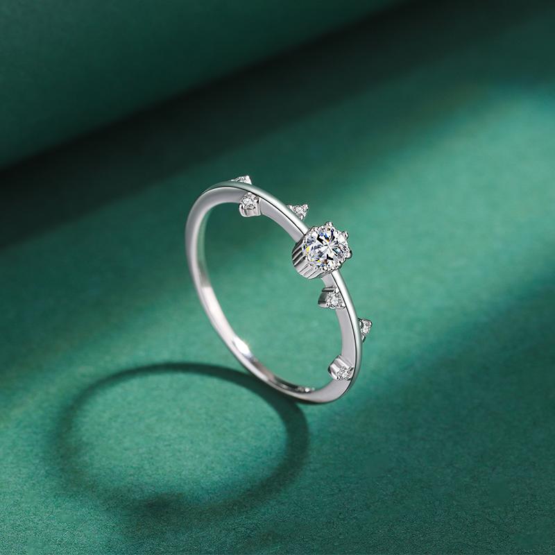 Klassischer unregelmäßiger Blattring mit rundem Kristall und vollem Zirkonia, Paarring für Frauen, Original-Sterlingsilber, Verlobung, Brautgeschenk, Schmuck