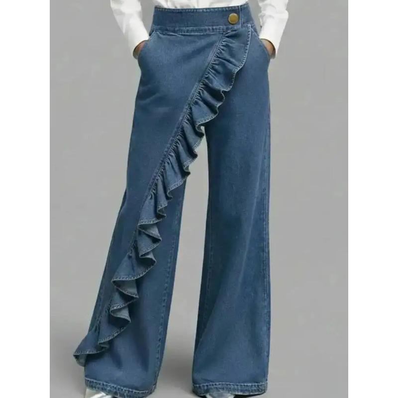 American Style Loose Irregular Splicing High Waisted A-line Wide Leg Jeans Women Spring