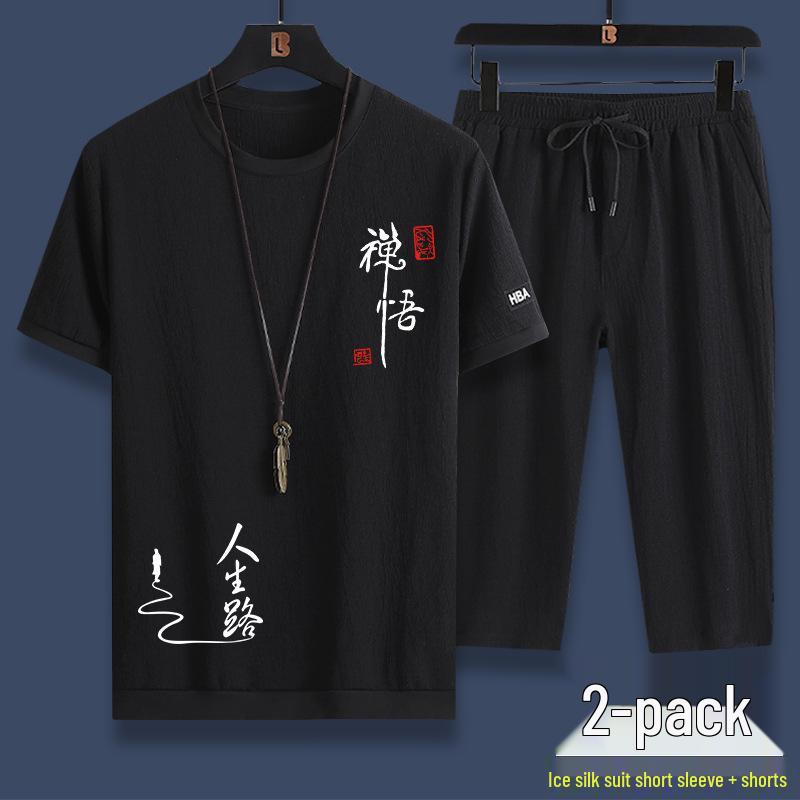 

Літній чоловічий повсякденний комплект з крижаного шовку: Дихаючий топ з коротким рукавом та штани сім восьмих XL