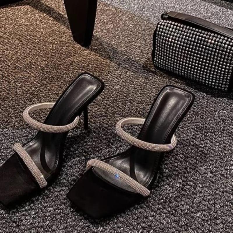 Fashion Super High Heel Slippers Summer New Square Toe Open Toe Rhinestone Slip Anti-slip Wear-resistant Stiletto Heels
