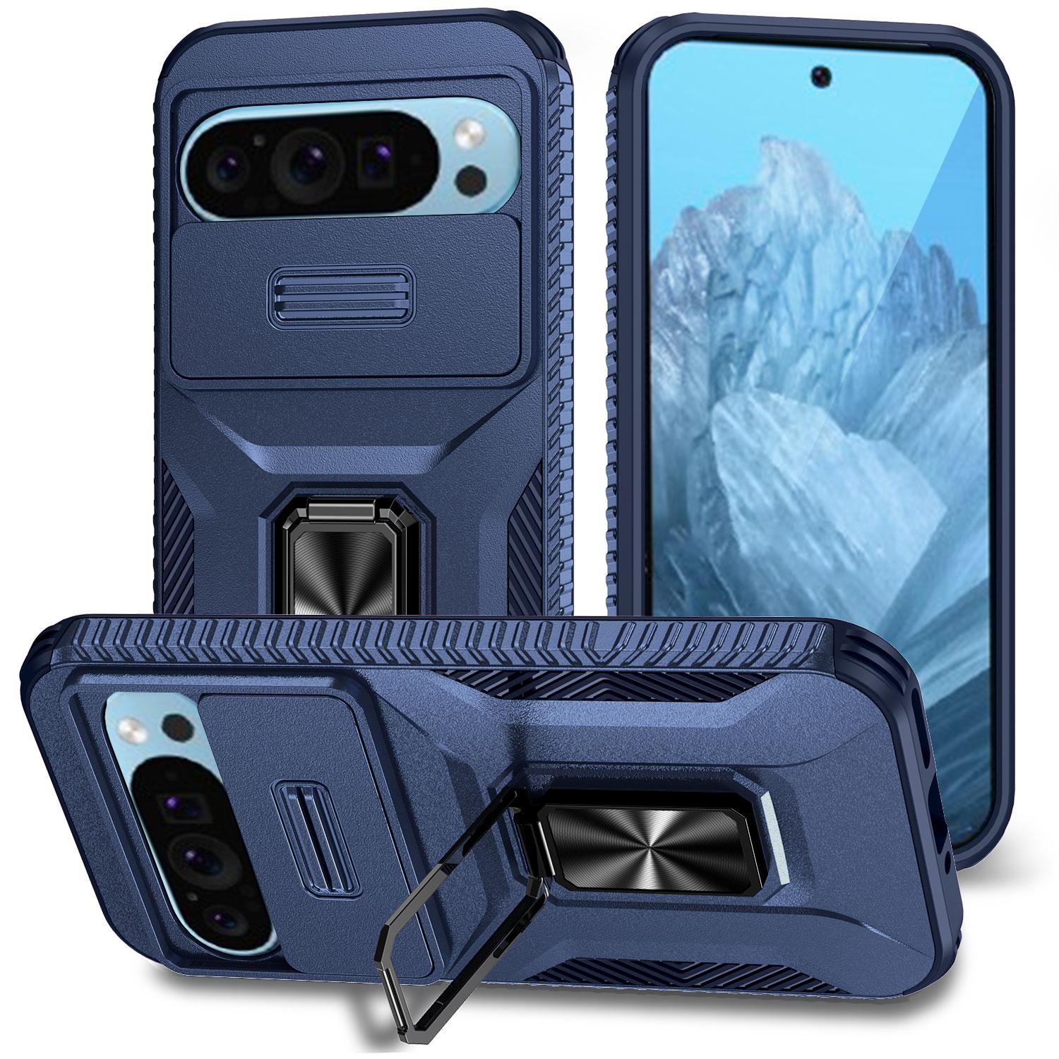 

For Google Pixel 9/Pixel 9 Pro Kickstand Case TPU+PC Phone Cover Support Magnetic Car Mount Blue