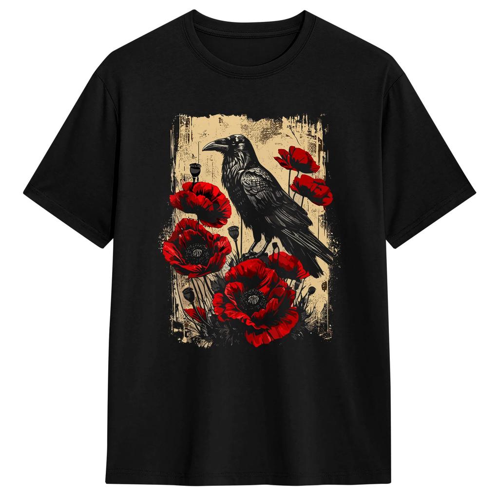 Raven Full Moon Gothic Witchy Crow Roses Men T Shirts Vintage Tee Shirt Short Sleeve O Neck T-Shirt Cotton Classic Clothes