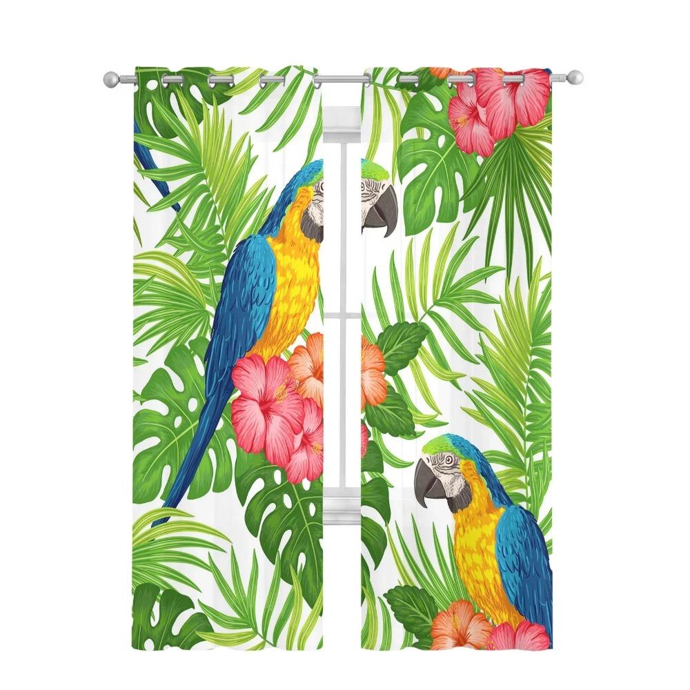 Parrot Flowers Green Tropical Plant Leaves Tulle Sheer Window Curtains for Living Room Bedroom Voile Organza Curtains Drapes