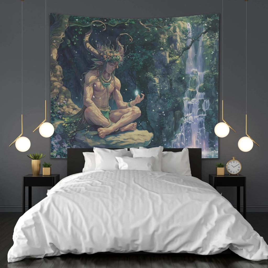 Nature Waterfall Zen Meditation Tapestry 2D Flat Printed Peach Skin Wall Hanging Forest Spirit Art Bedroom Living Room Decor
