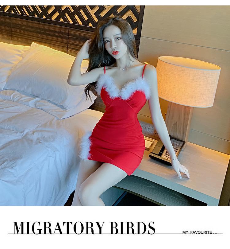 Christmas Low-Cut Sexy Fur Patchwork Camisole Bodycon Mini Dress - Hot Girl Slim Fit Short Skirt