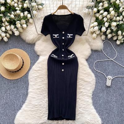 Harajuku Chic Fashion Sexy Package Hips Large Stretch Knitted Dress French New Elegant V-neck Buttons Office Lady Bodycon Dresses