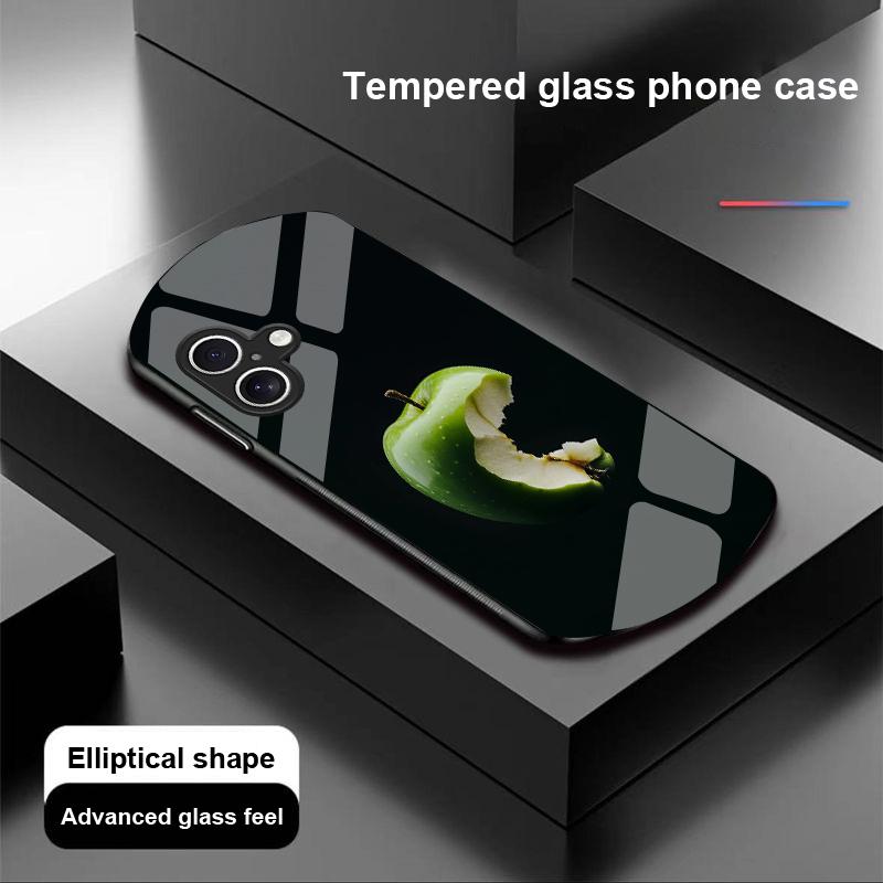 Schwarzer Apfelstein für Apple iPhone 16 11 13 15 14 Pro Max 12 Mini 7 8 Plus XR XS Elliptisch geformte Hülle aus gehärtetem Glas