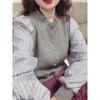 Cool Grey Patchwork Knit Ruffle Trim Slimming Long Sleeve Shirt