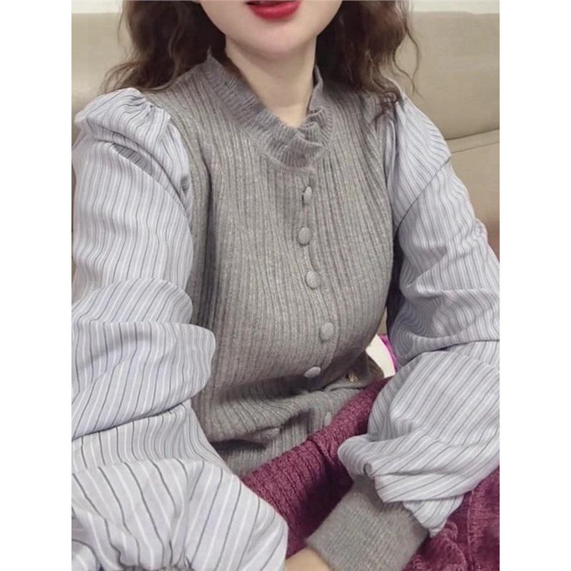 Cool Grey Patchwork Knit Ruffle Trim Slimming Long Sleeve Shirt