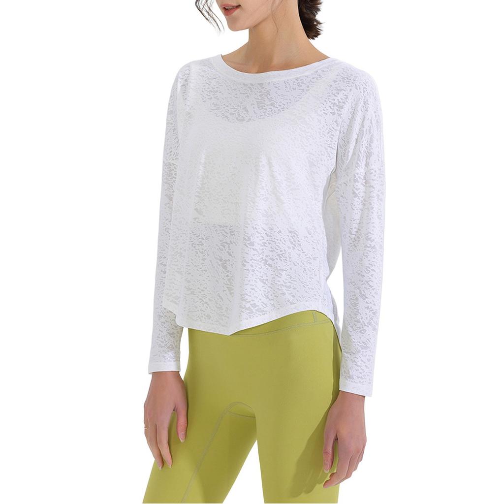 Women's  Long Sleeve Shirt Loose Satin Top Embossed Lace R-neck Silk Lined Top