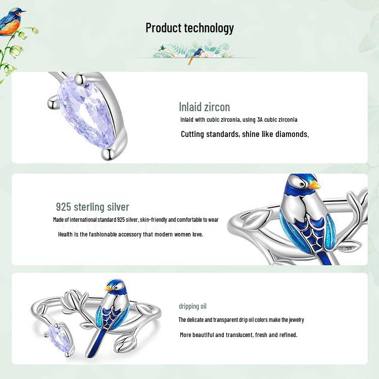 Silver Blue Bird Earrings & Ring Set - Unique 925 Sterling Design